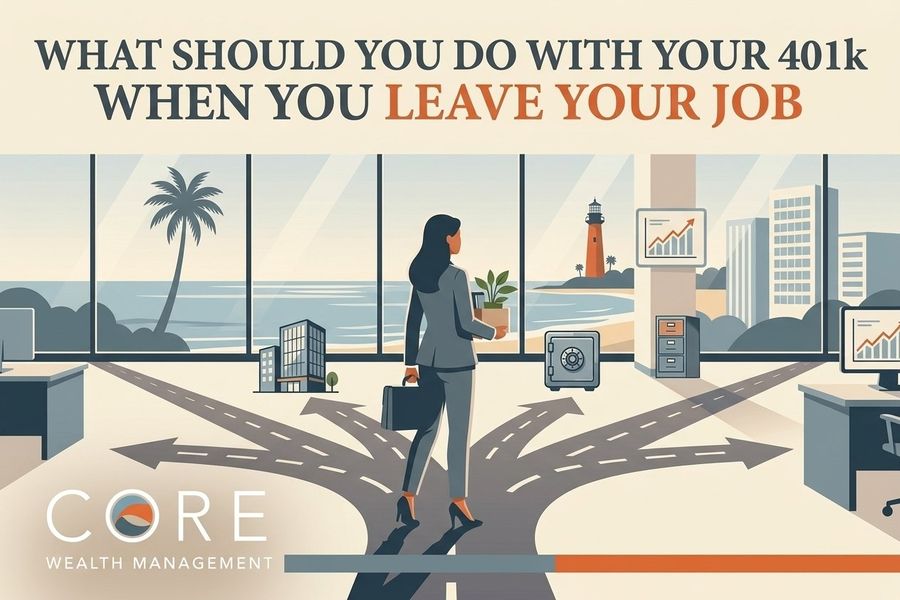 Illustration of a professional standing at a crossroads of arrows in a Florida office, under the headline What Should You Do With Your 401k When You Leave Your Job